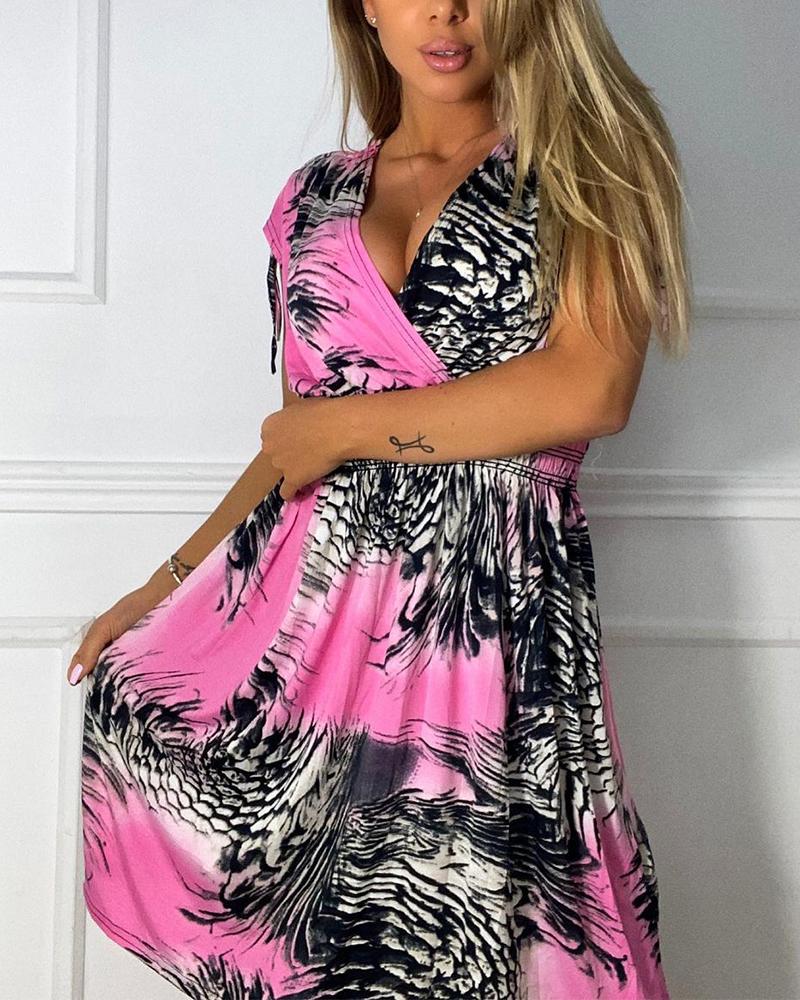 

All Over Print Skinny Waist Sleeveless Midi Dress, Pink
