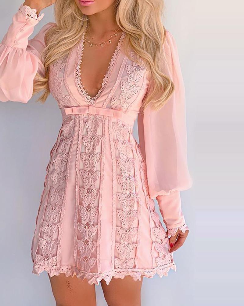 

Puff Lantern Sleeve Butterfly Pattern Lace Dress, Pink