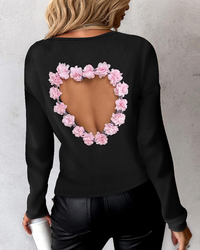 

Top com nervuras de coração vazado com padrão floral, Black