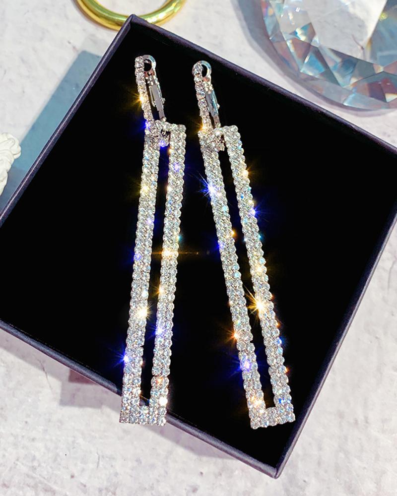 

1Pair Sparkling Rhinestone Geo Decor Hoop Earrings, Silver