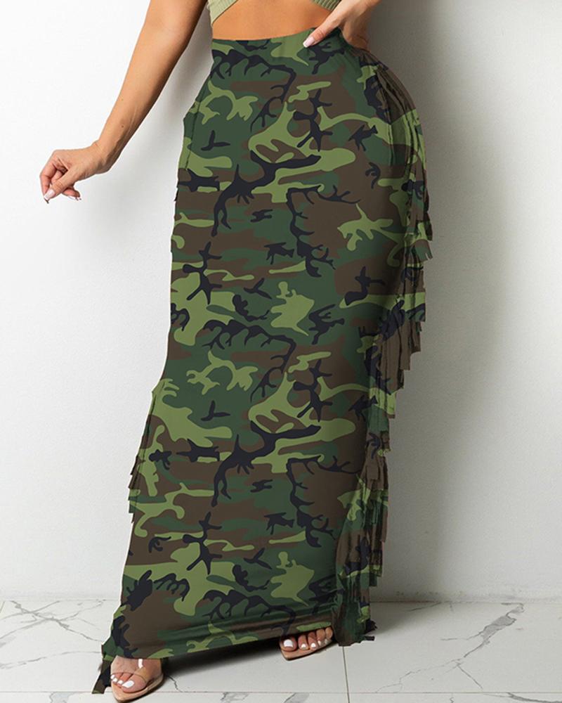 

Camouflage Print Tassel Design Skirt, Green