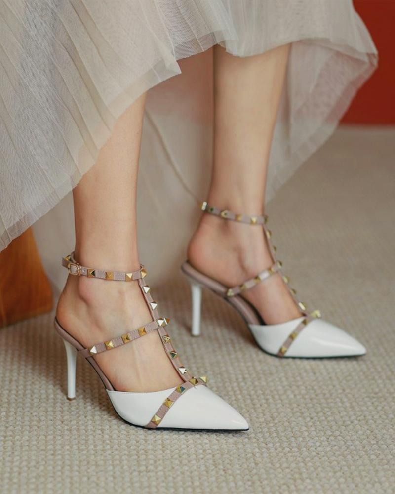 

Studded T-strap Pointed-toe High Heel Sandals, White