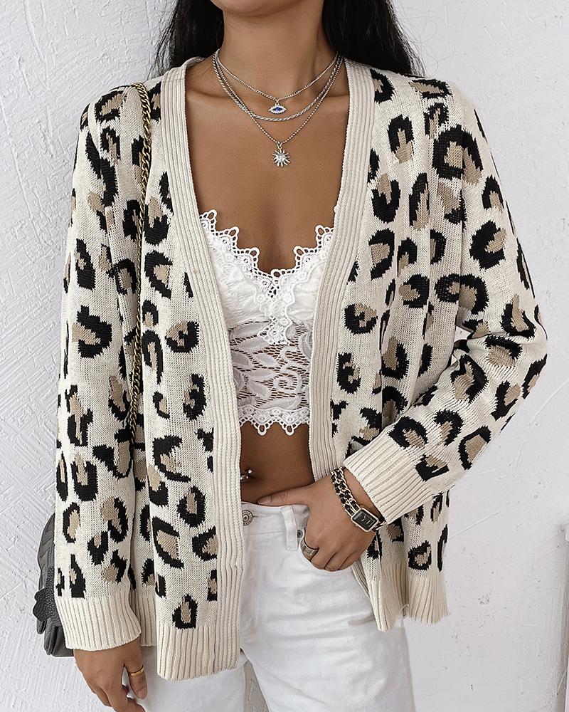 

Leopard Print Open Front Cardigan, Apricot