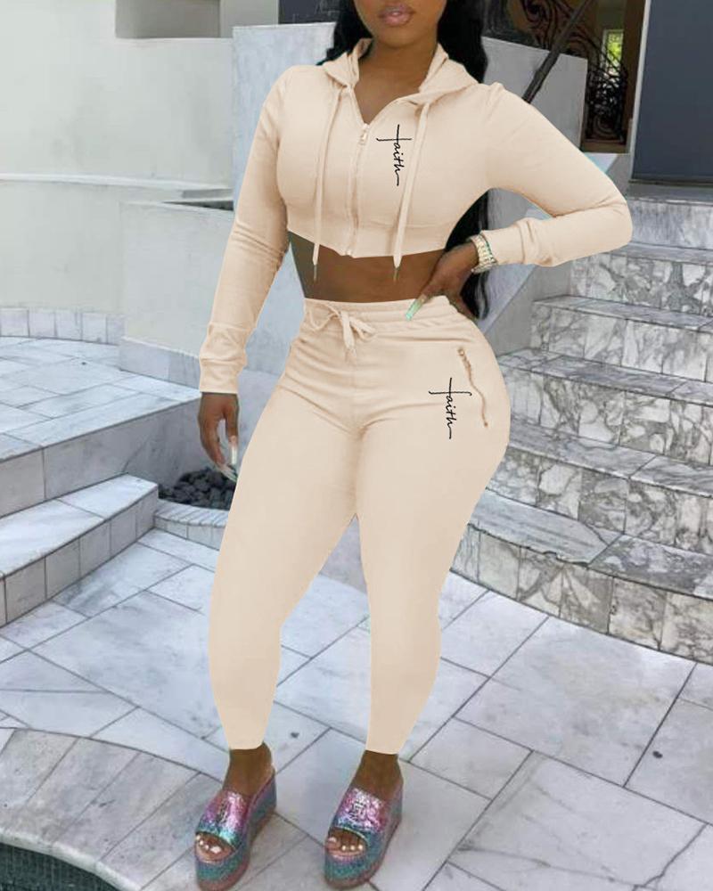 

Long Sleeve Letter Print Hooded Top & Pants Set, Apricot