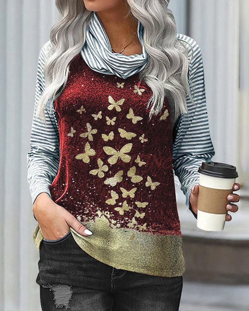 

Striped Butterfly Print Long Sleeve Top, Red