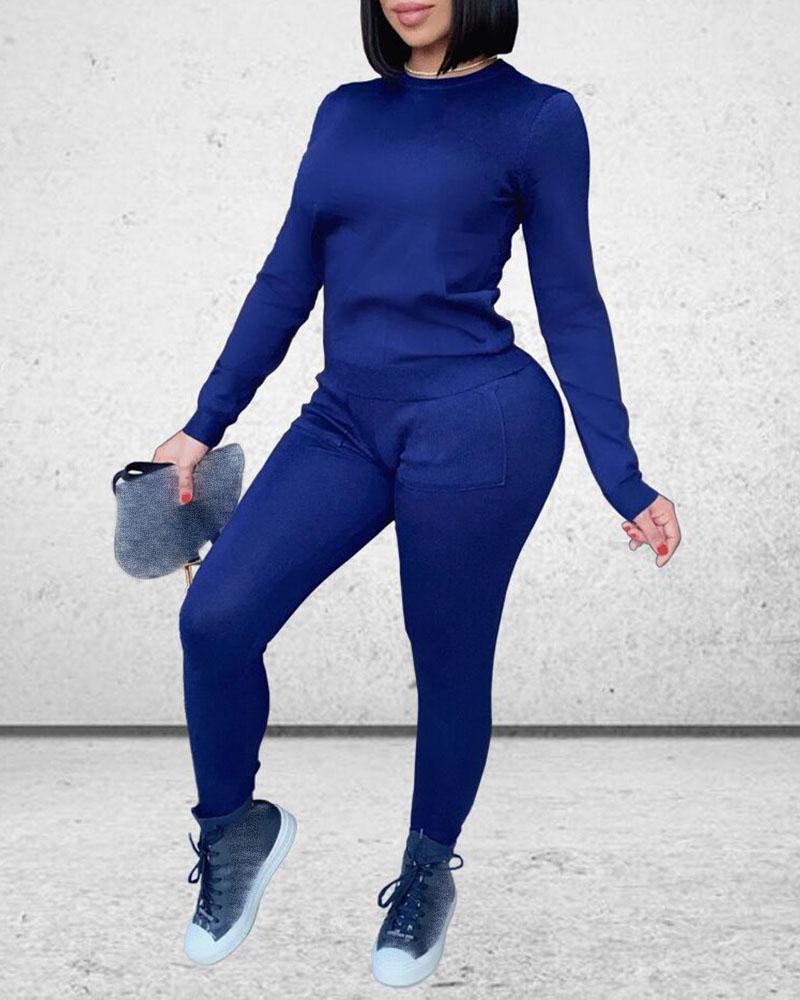 

Plain Long Sleeve Top & Pants Set, Dark blue