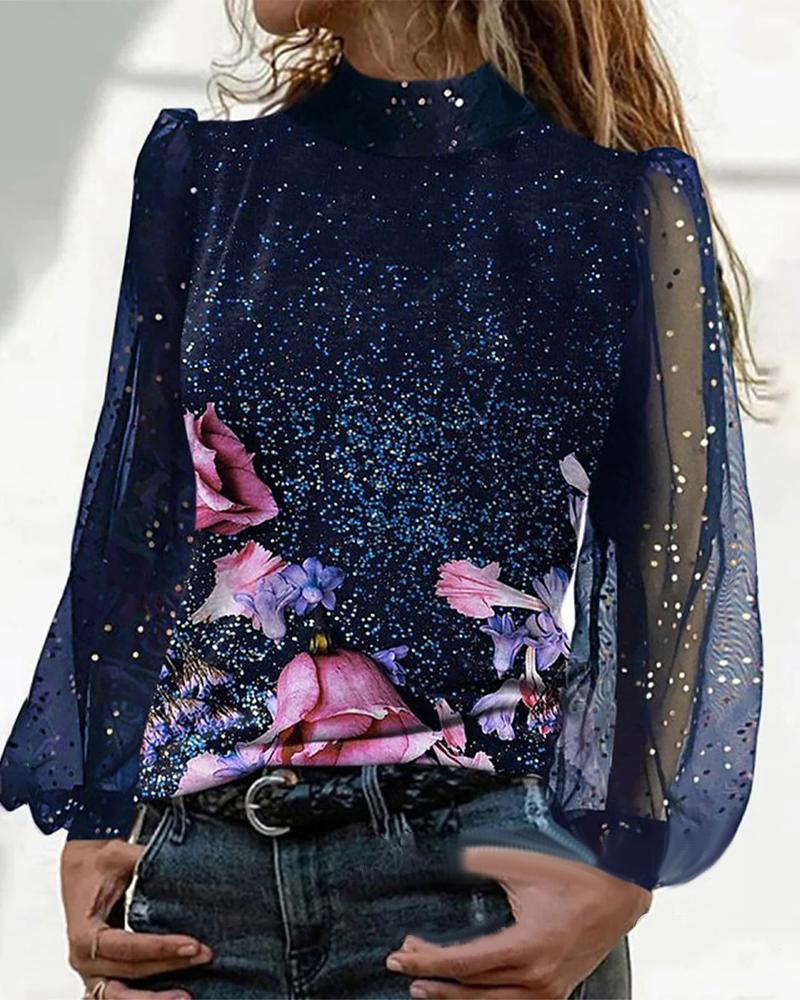 

Floral Print Contrast Mesh Long Sleeve Top, Blue