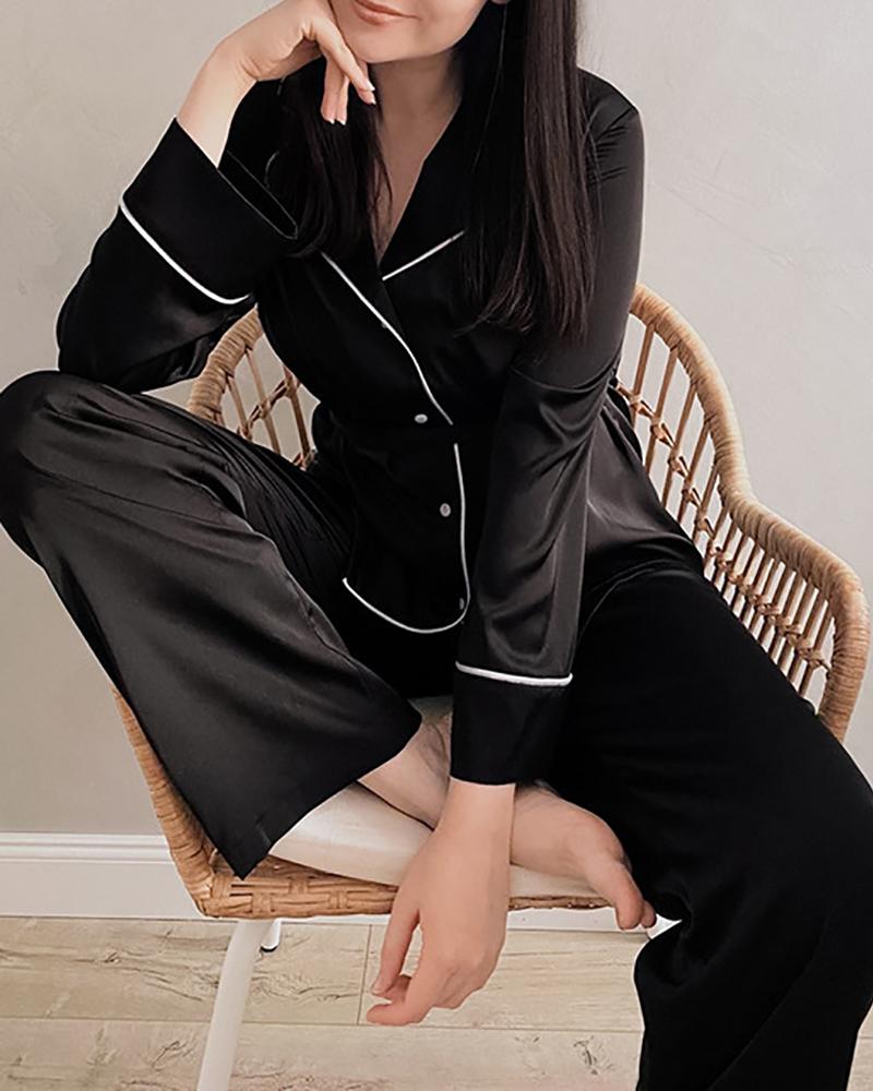 

Contrast Binding Buttoned Satin Pajamas Set, Black