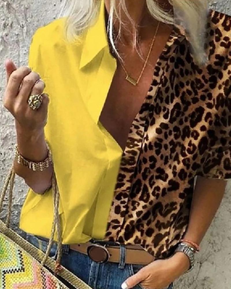 

Cheetah Print Colorblock Buttoned Shirt, Yellow