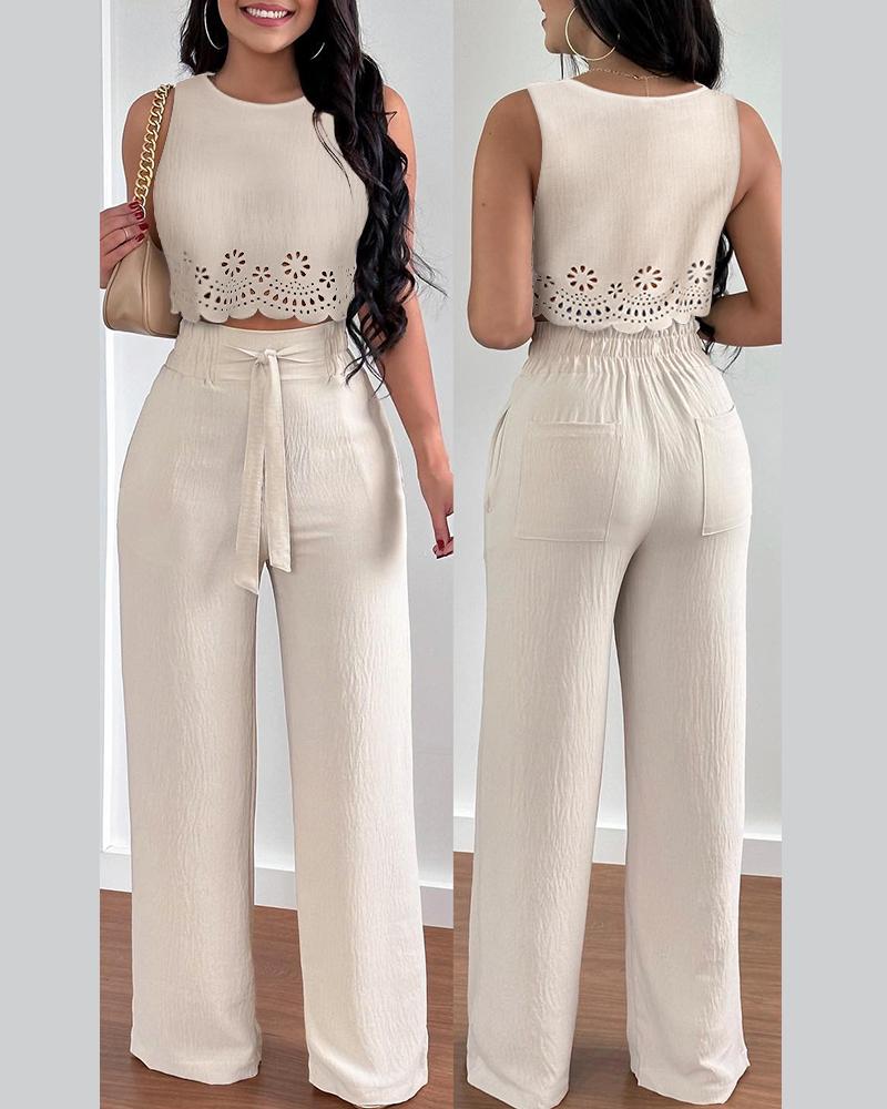 

Hollow Out Scallop Trim Tank Top & High Waist Pants Set, Apricot