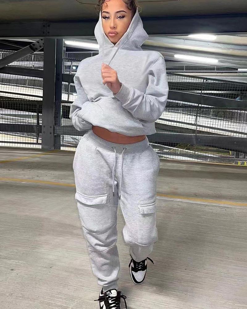 

Pocket Design Hooded Sweatshirt & Drawstring Pants Set, Gray