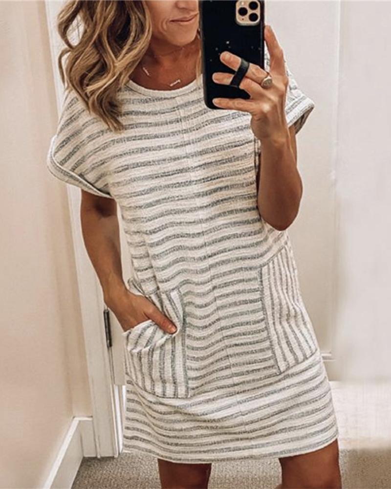 

Striped Round Neck Mini Dress, Gray