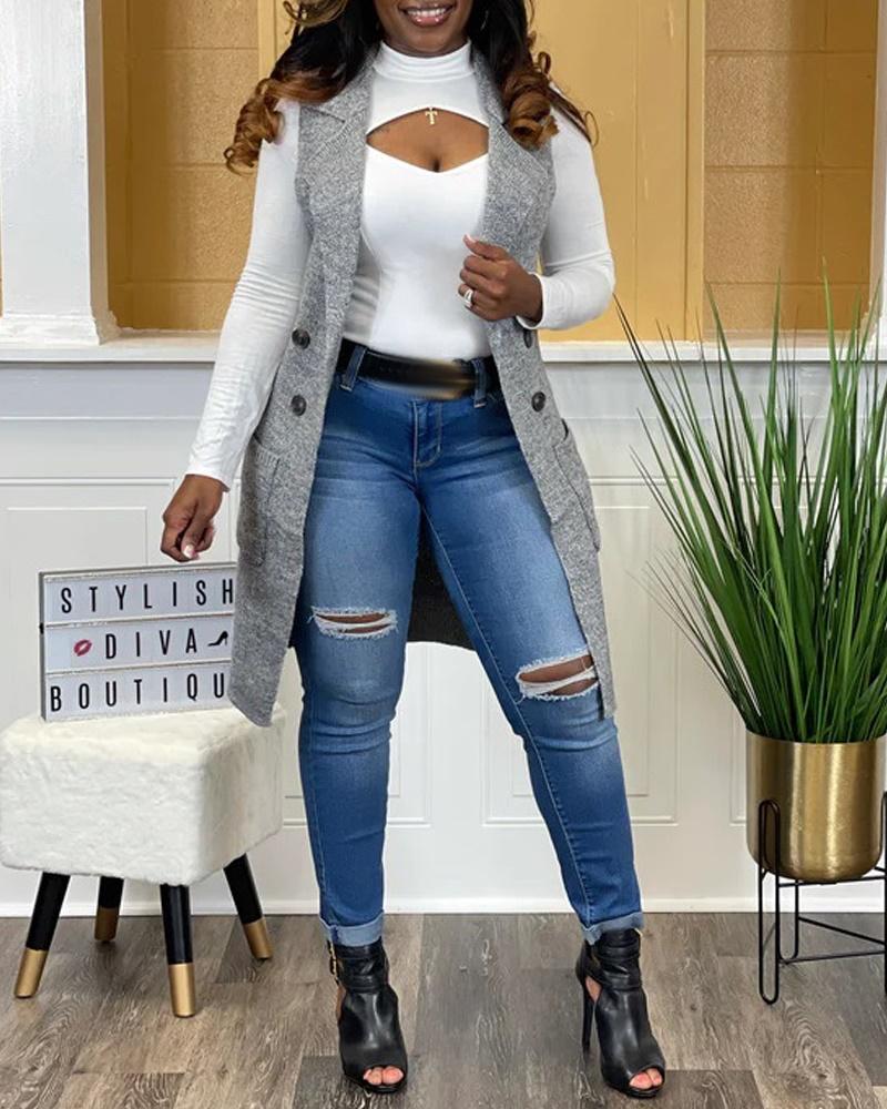

Double Breasted Patch Pocket Cardigan Vest, Gray