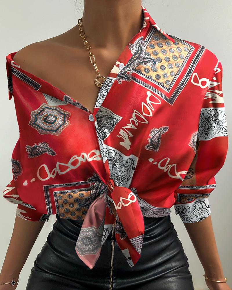 

All Over Print Button Design Lantern Sleeve Shirt, Red