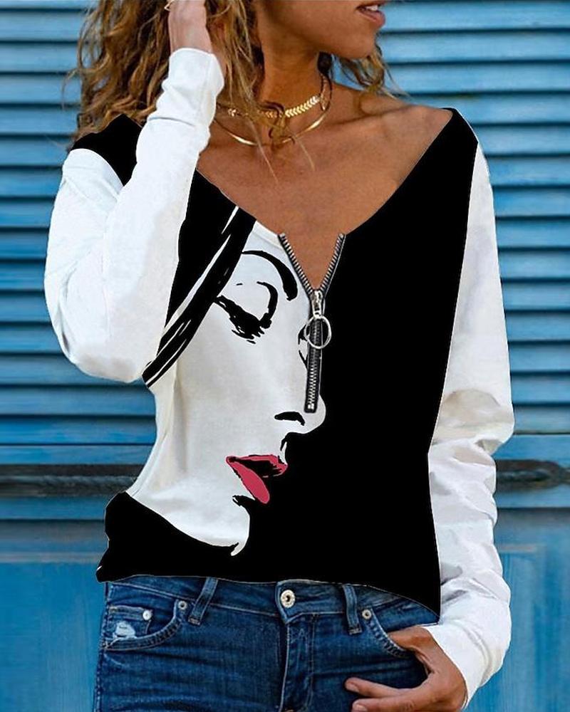 

Abstract Figure Print Zip Front Long Sleeve Top, White