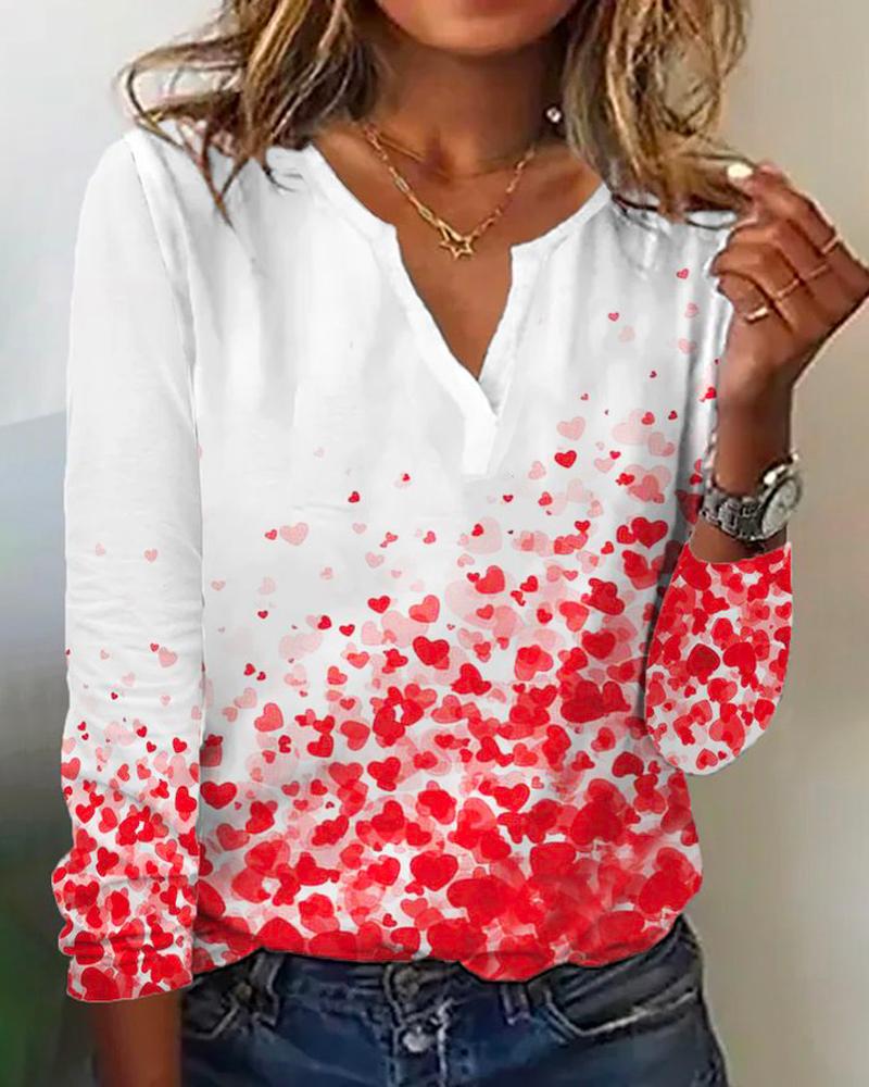 

Valentine' Day Heart Print Long Sleeve Top, White