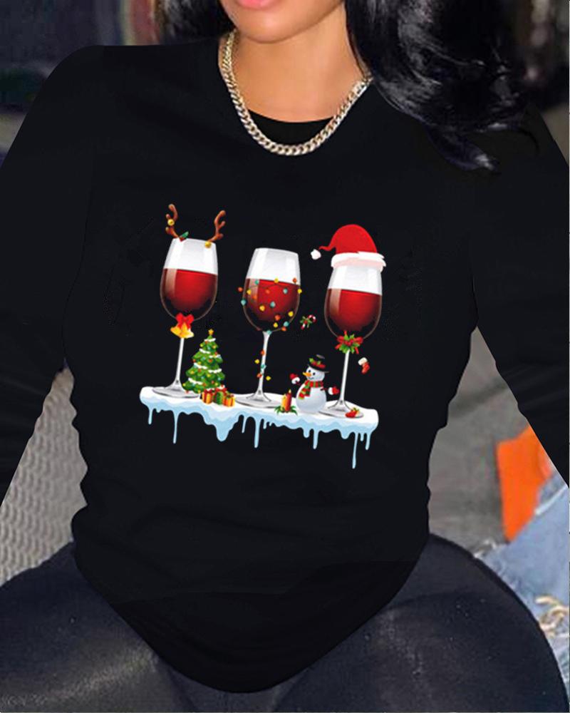 

Plus Size Christmas Wine Glass Print Long Sleeve Top, Black
