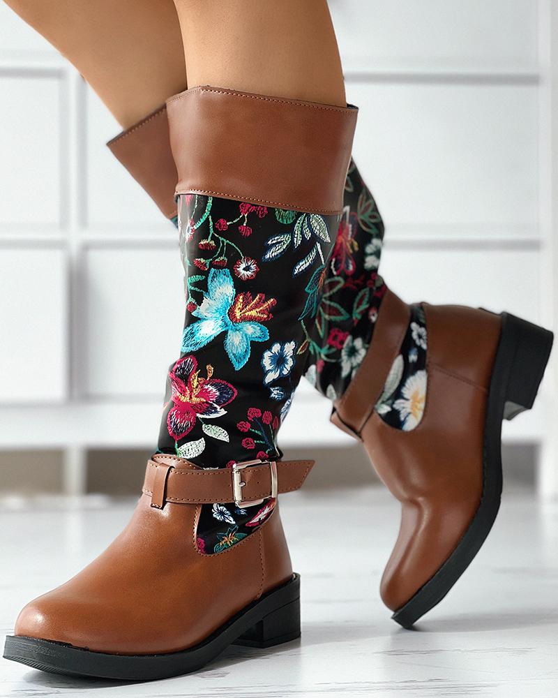 

Floral Embroidery Buckled Martin Boots, Brown