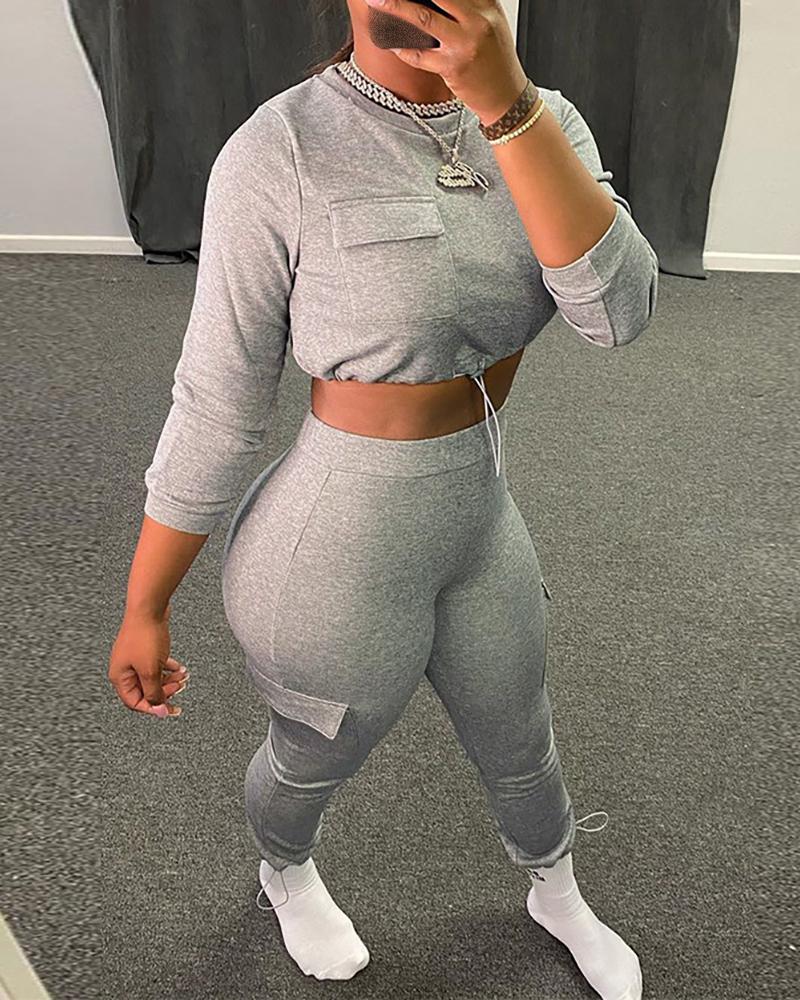 

Pocket Design Drawstring Crop Top & High Waist Pants Set, Gray