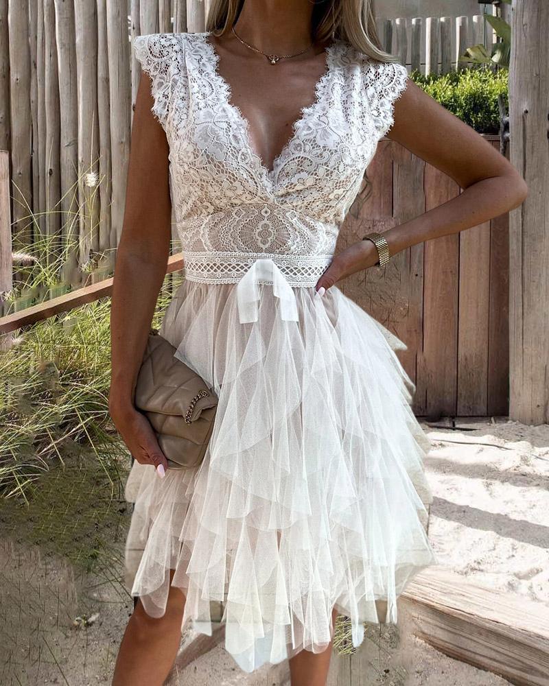 

Lace Patch Sheer Mesh Sleeveless Party Dress, White