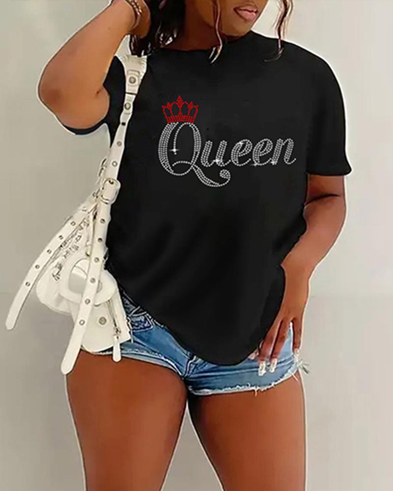 

Plus Size Queen Crown Rhinestone Casual T-shirt, Black