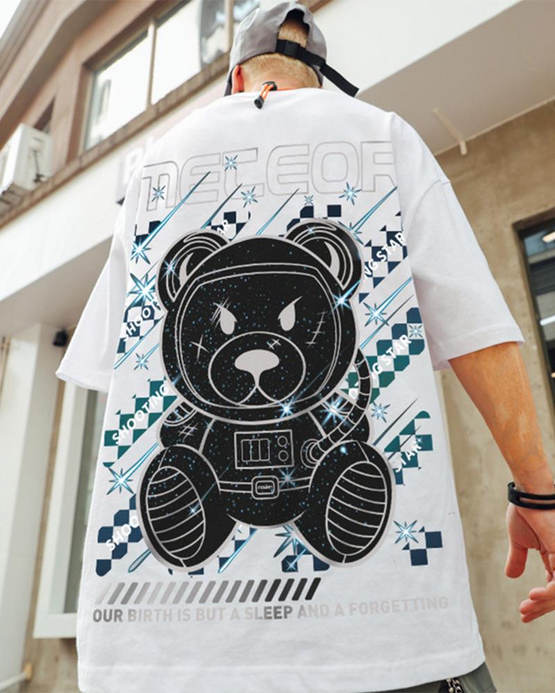 

Hip-hop Cartoon Print Short Sleeve Oversize T-shirt, White