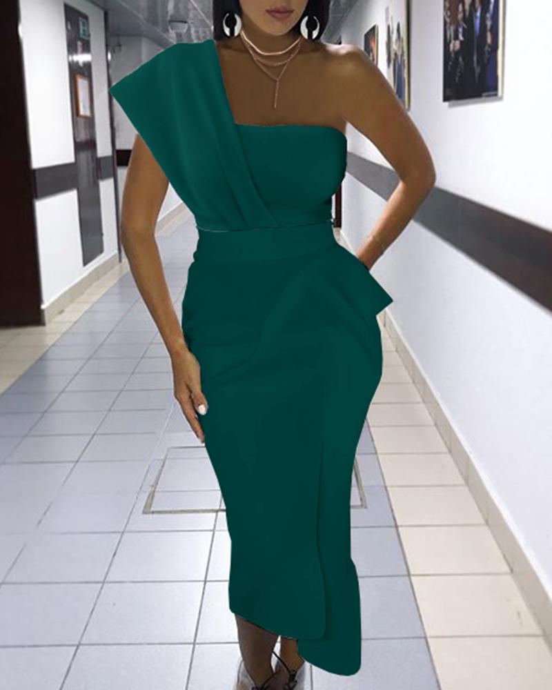 

Solid One Shoulder Ruched Asymmetrical Party Dress, Green