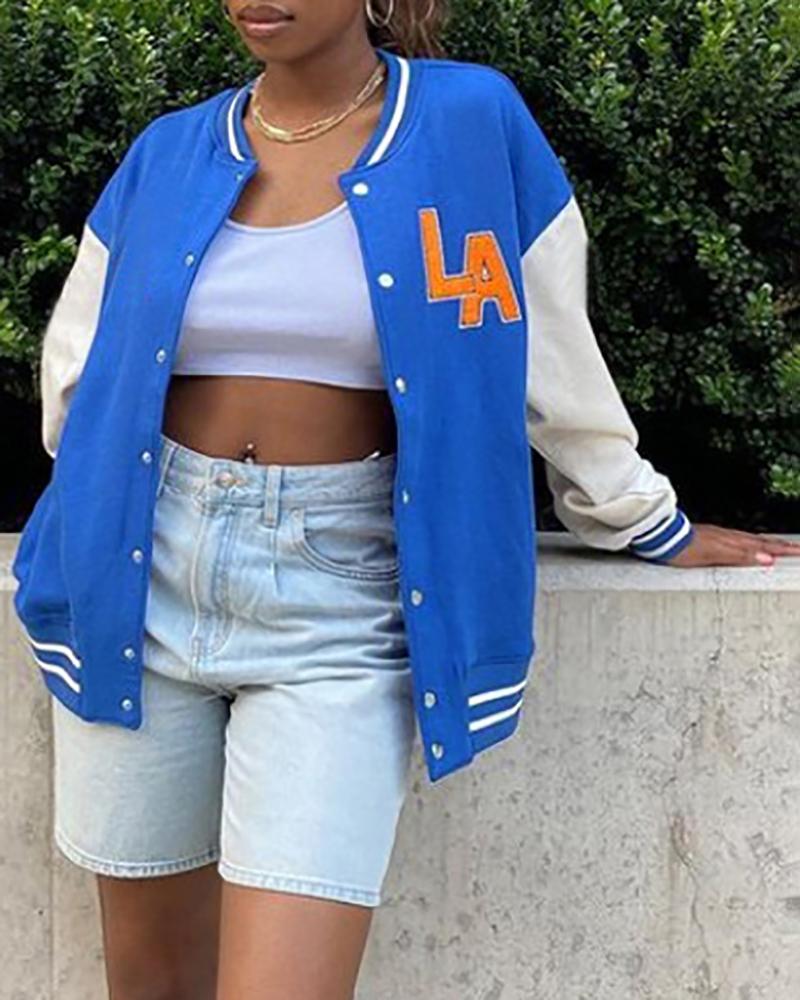 

Letter Pattern Long Sleeve Baseball Jacket, Blue