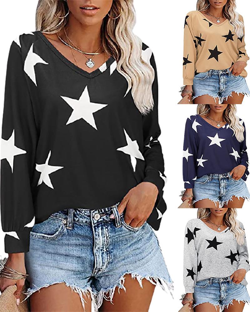 

Star Print V-Neck Long Sleeve Top, Black