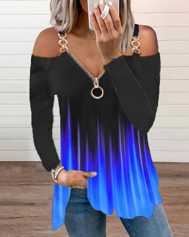 

Cold Shoulder Zipper Design O Ring Colorblock Top, Blue