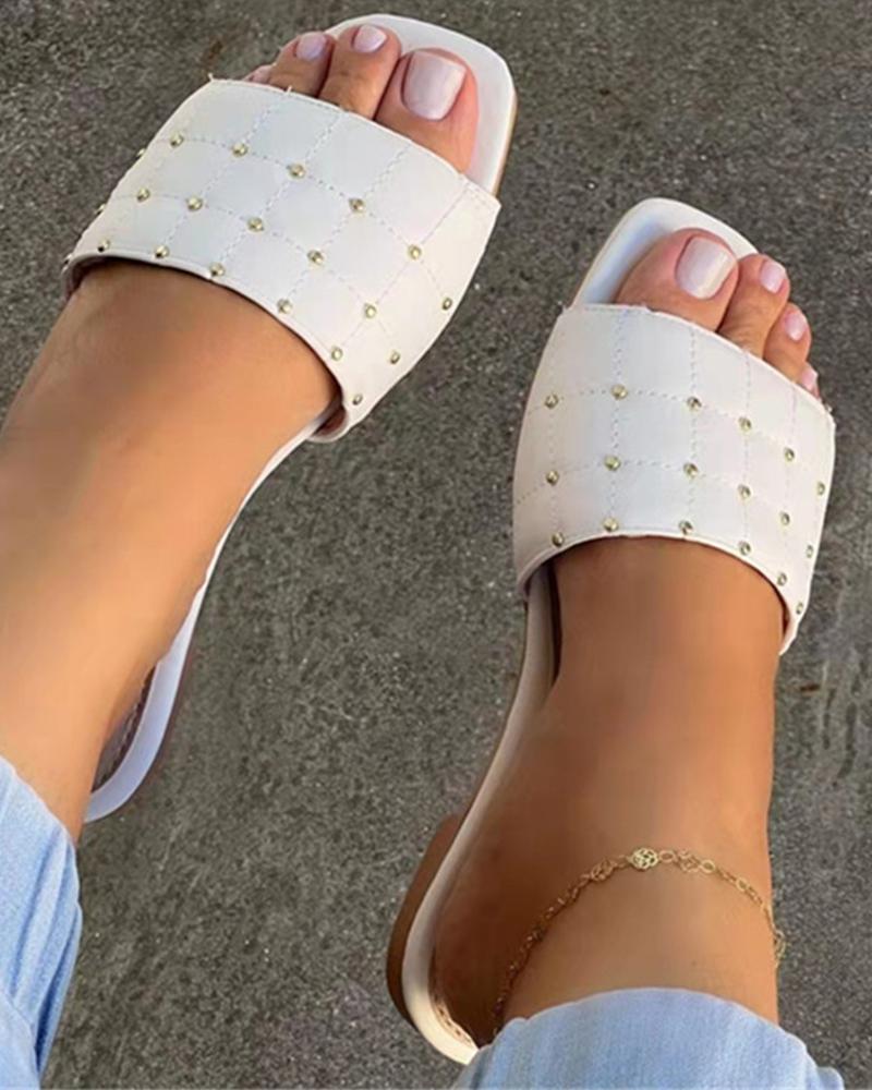 

Quilted Studded Square Toe Slippers, White