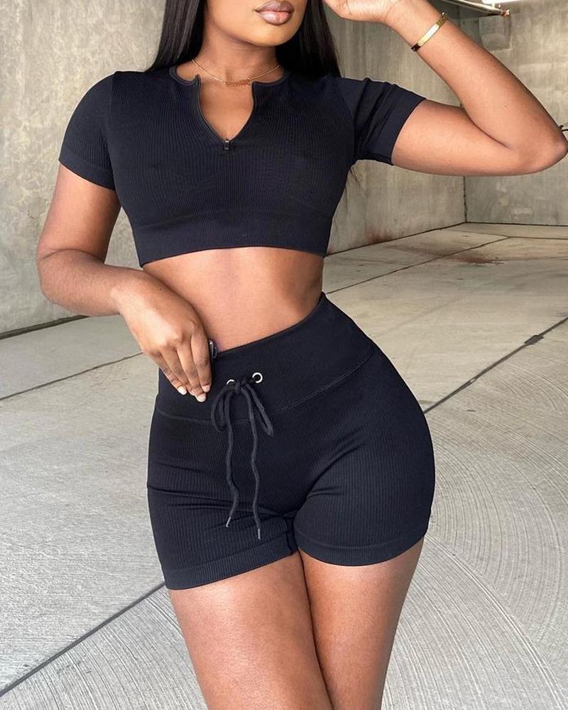 

Zip Front Ribbed Crop Top & Drawstring Shorts Set, Black