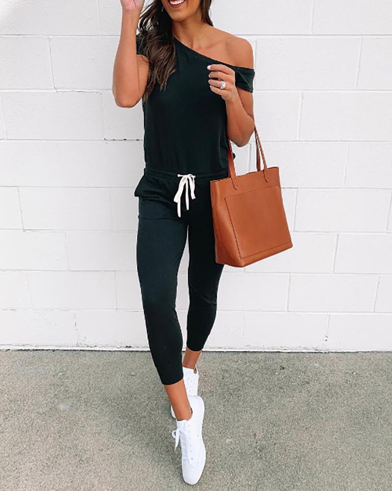 

Off Shoulder Plain Drawstring Jumpsuit, Black