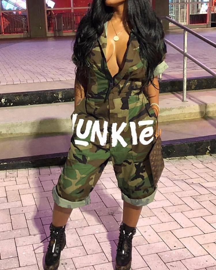 

Camouflage Letter Print Zipper Casual Jumpsuit, Green