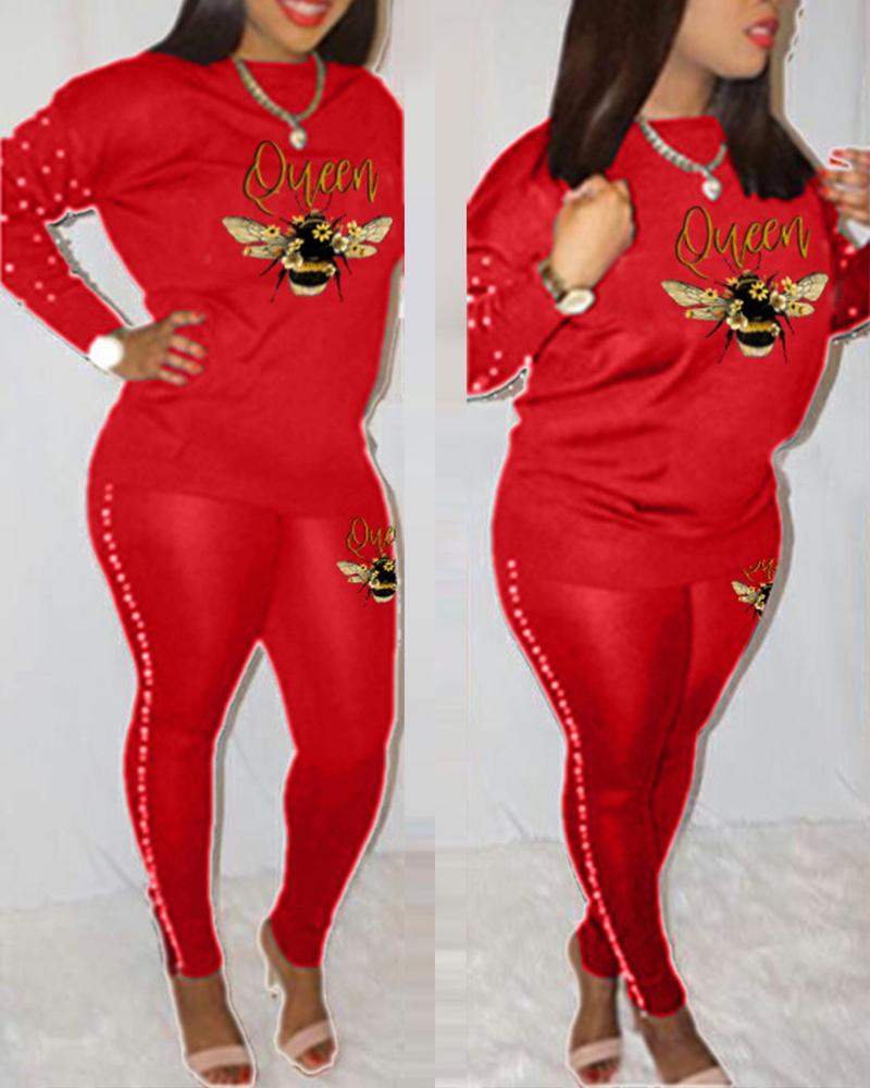 

Bee Letter Print Beaded Decor Casual Top & Pants Set, Red