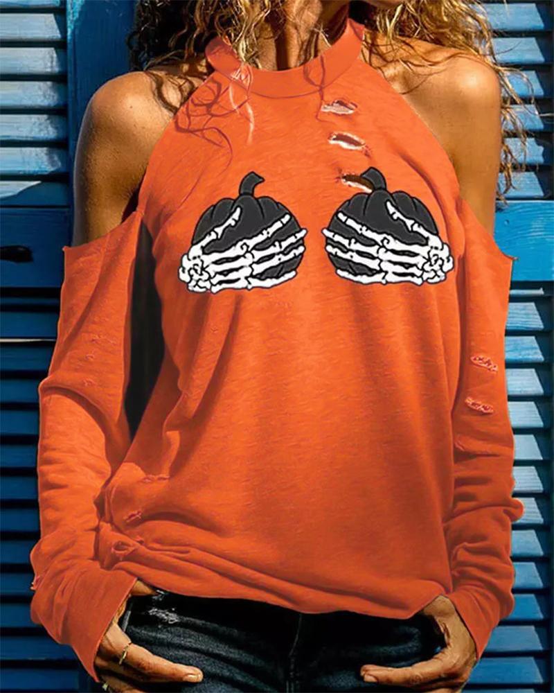 

Halloween Pumpkin Skeleton Hands Print Top, Orange