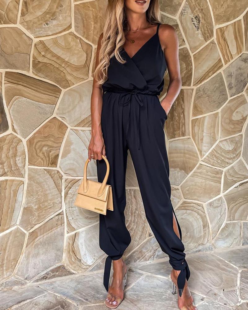 

Solid Color Lace-up Sling Jumpsuits, Black