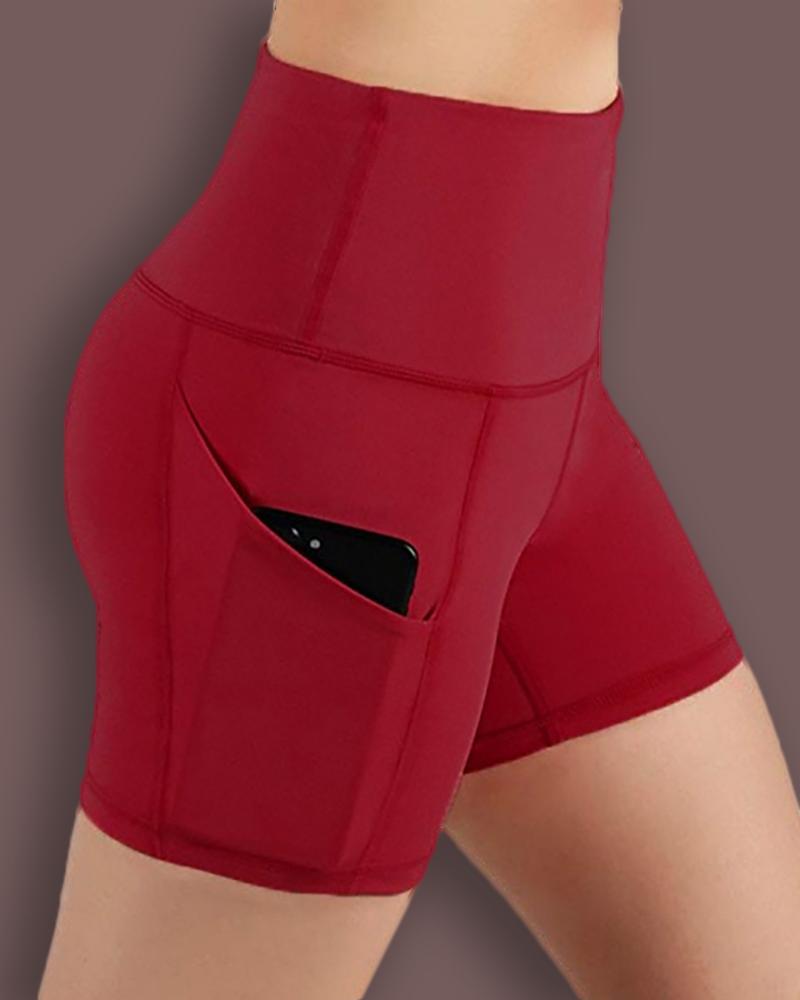 

High Waist Pocket Design Yoga Shorts, Wine red