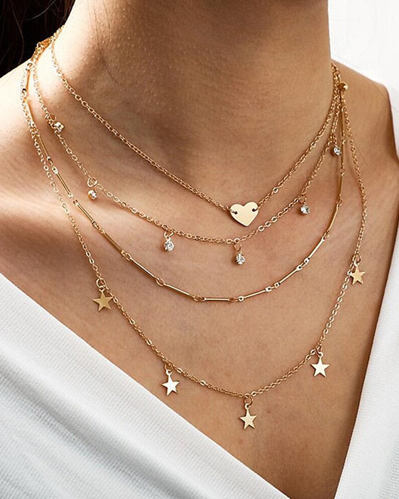 

4pcs Multi-layer Rhinestone Star Heart Pendant Necklaces Set, Gold