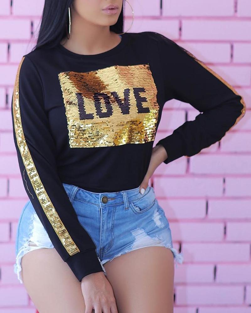 

Sequins Patch Long Sleeve Casual Sweatshirt, Black
