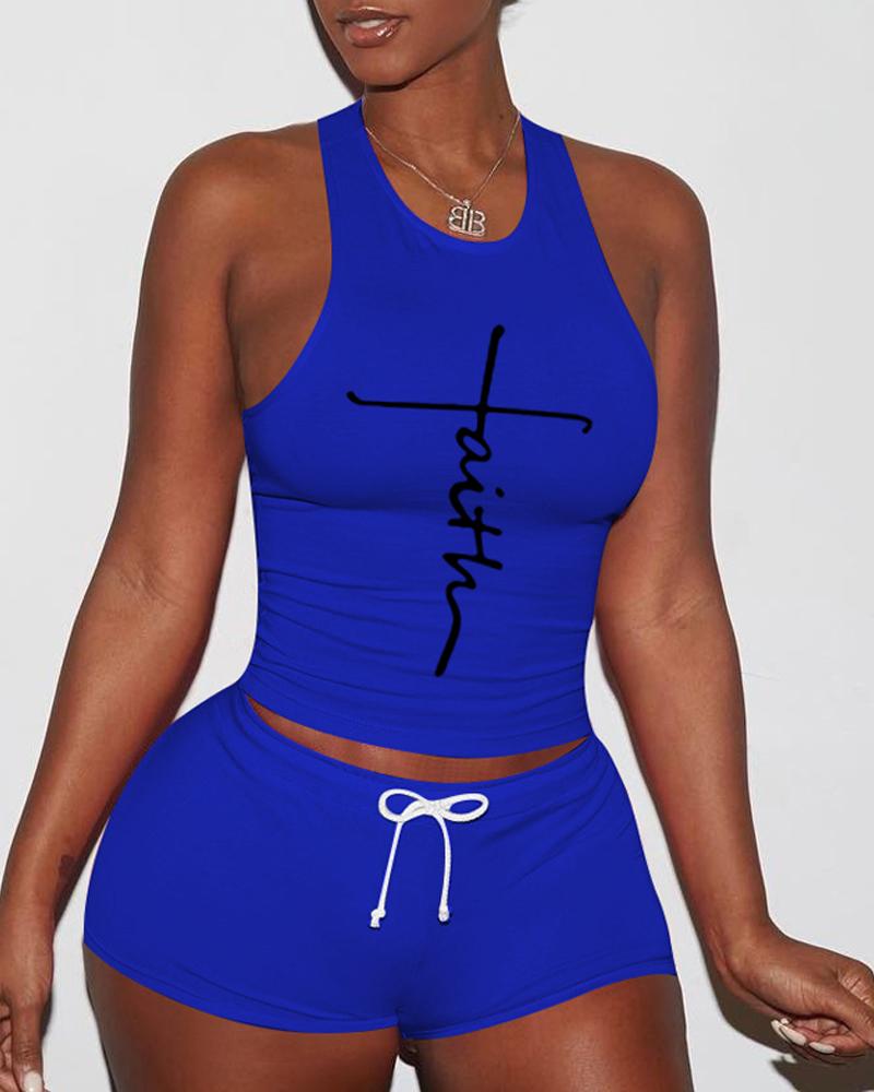 

Letter Print Breathable Drawstring Active Set, Blue