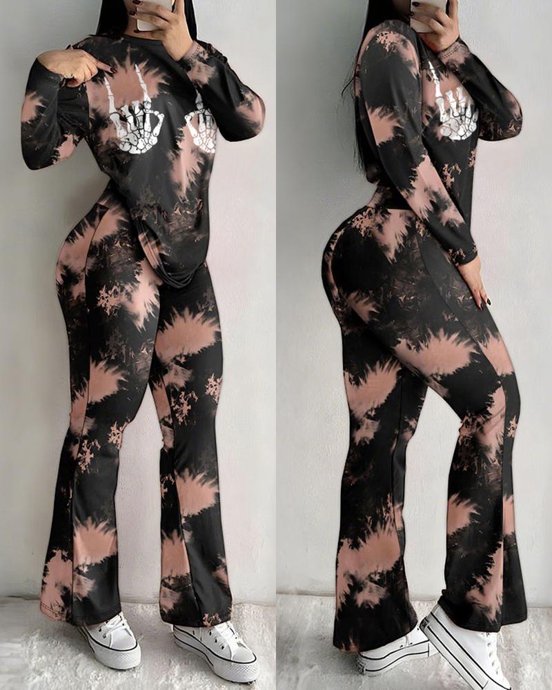 

2 Pieces Outfit Tie Dye & Skeleton Hands Print Long Sleeve Top and Casual Elastic Waist Flared Pants Set, Black