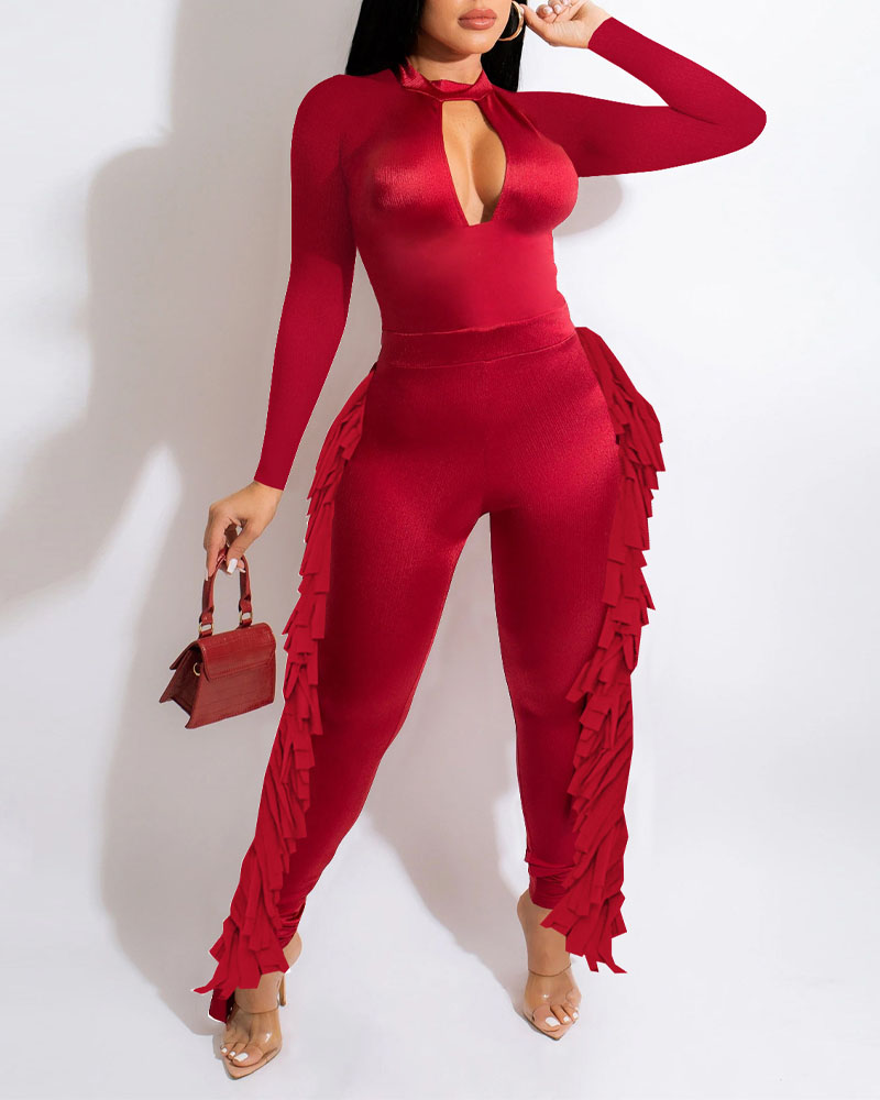 

Long Sleeve Cutout Fringe Trim Skinny Jumpsuit, Red