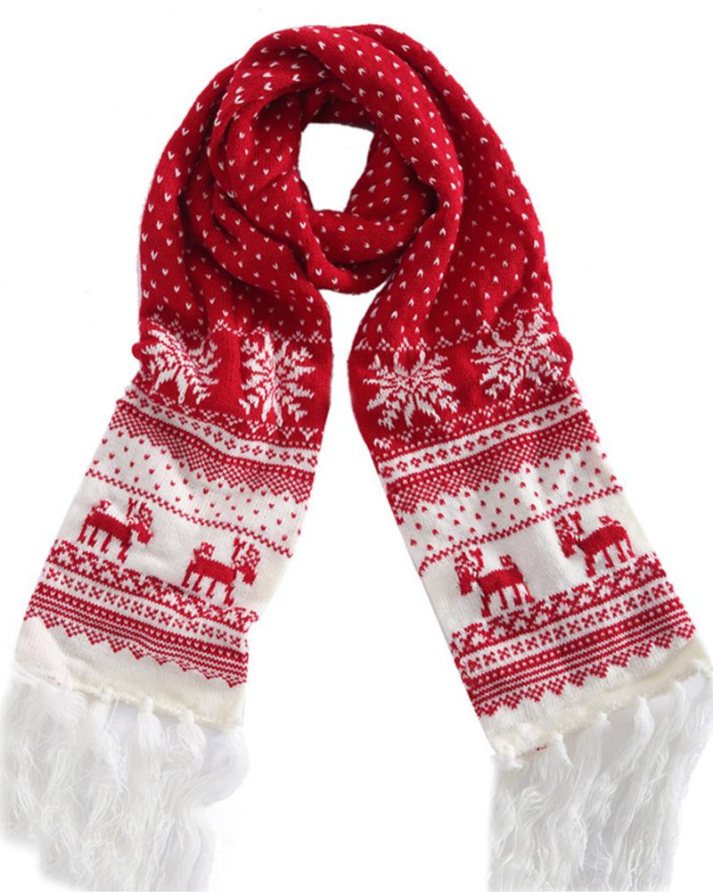 

Christmas Mixed Print Fringe Hem Scarf, White