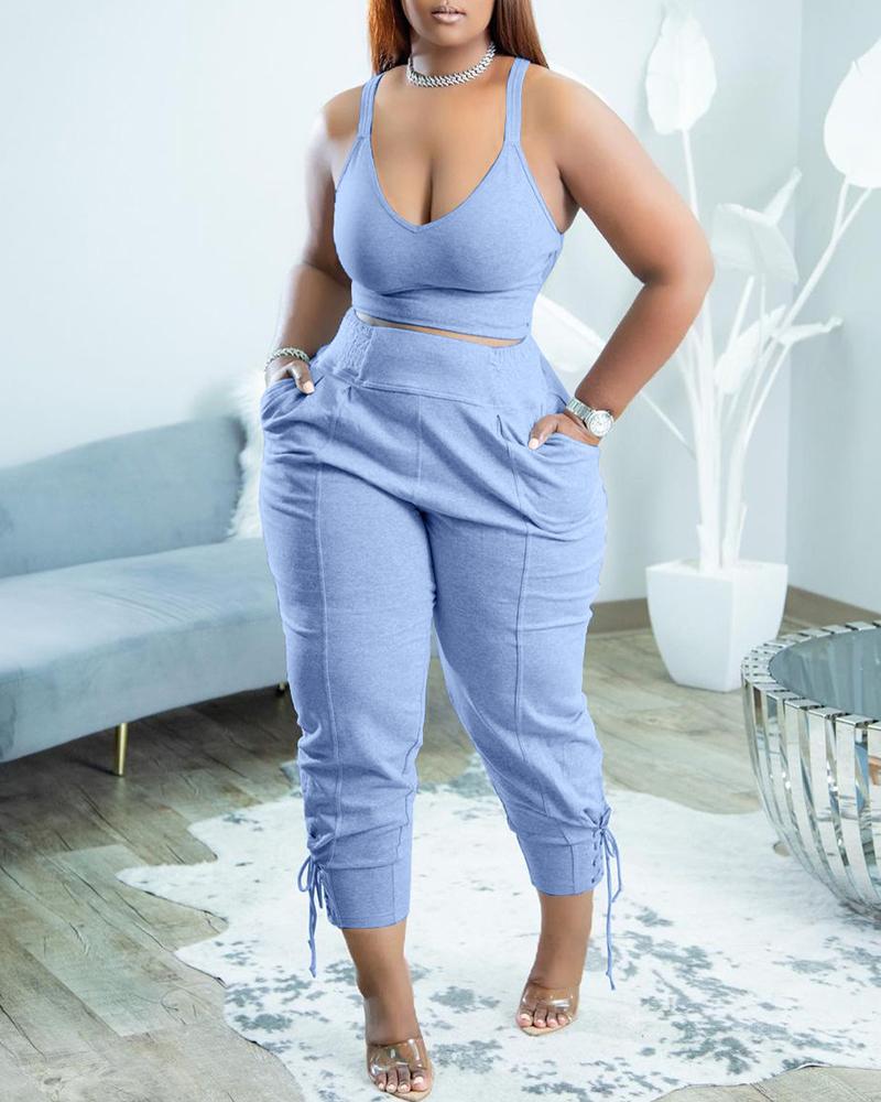 

Thin Strap Crop Top & Eyelet Lace-up Pants Set, Lighted blue