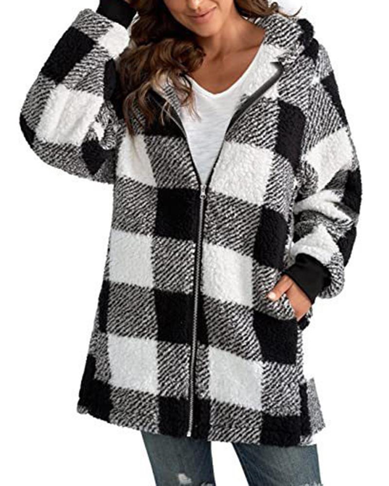 

Plaid Print Zipper Pocket Design Lined Hooded Coat, Black