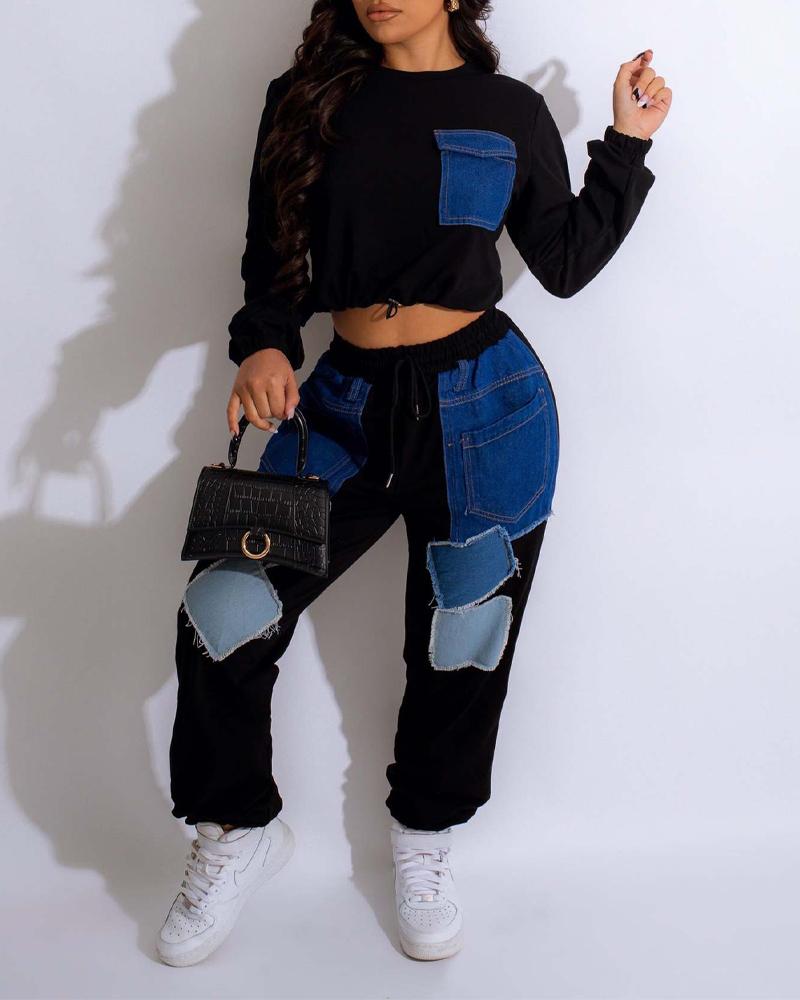

Contrast Denim Casual Top & Drawstring Pants Set, Black