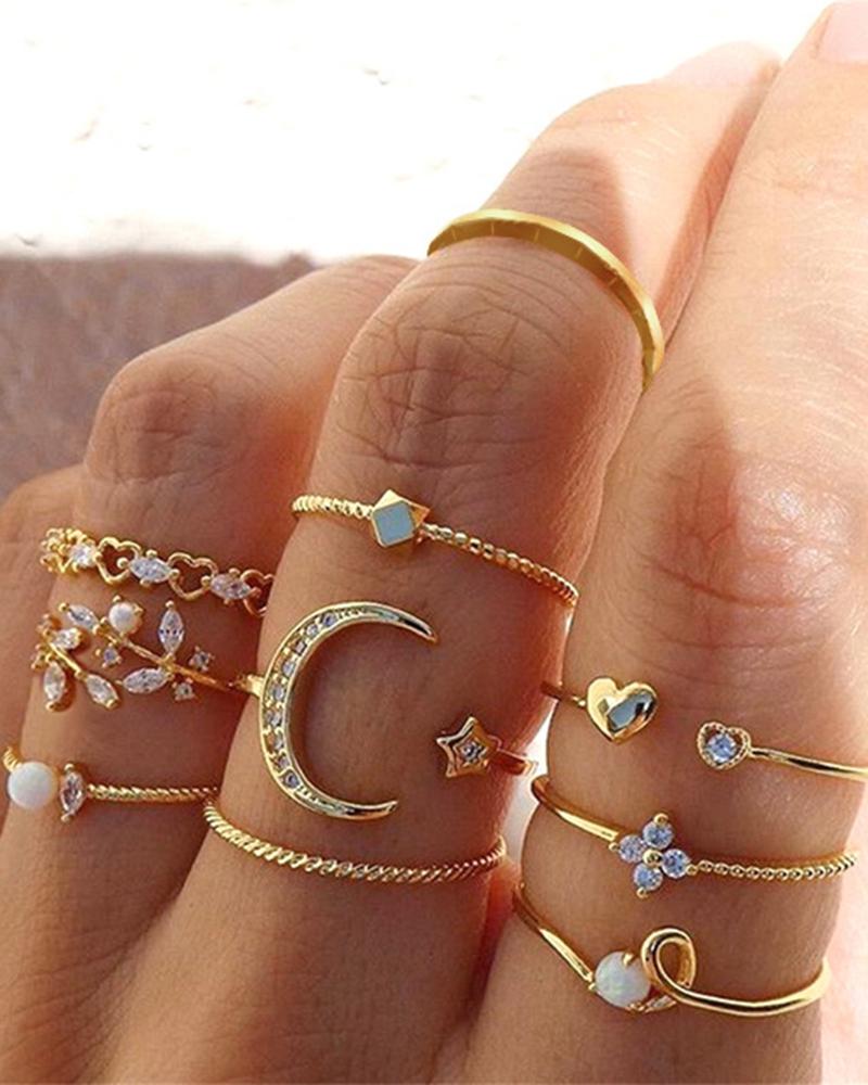 

10pcs Hollow Moon Star Leaf Heart Geometric Opening Rings Set, Gold