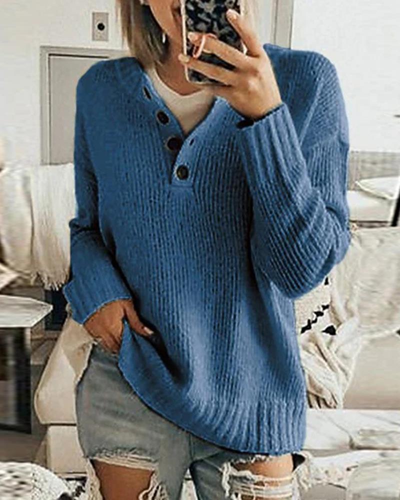 

Button Design Long Sleeve Sweater, Dark blue