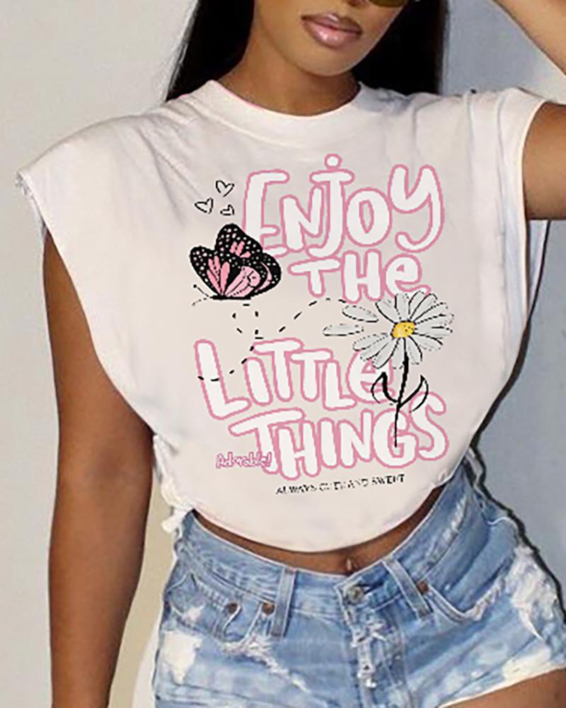 

Butterfly Letter Print Cap Sleeve T-shirt, White